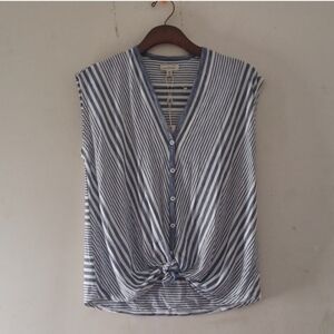 Max Studio Womens Striped Blouse Blue Short Sleeve Button Up Tie Front